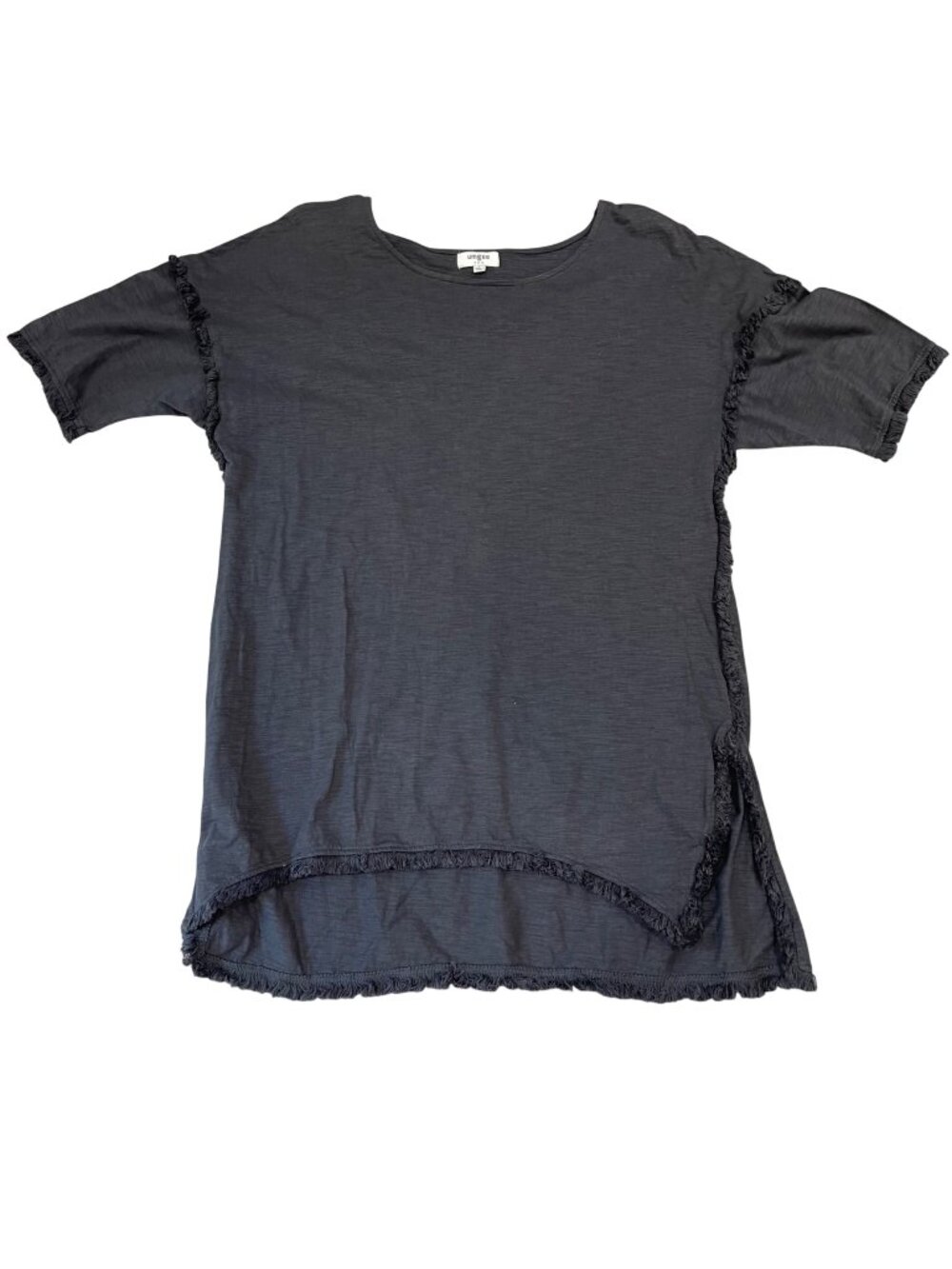 Umgee Knit Tunic Top Women's Size Large Fringe Hem Short Sleeves Gray Oversized